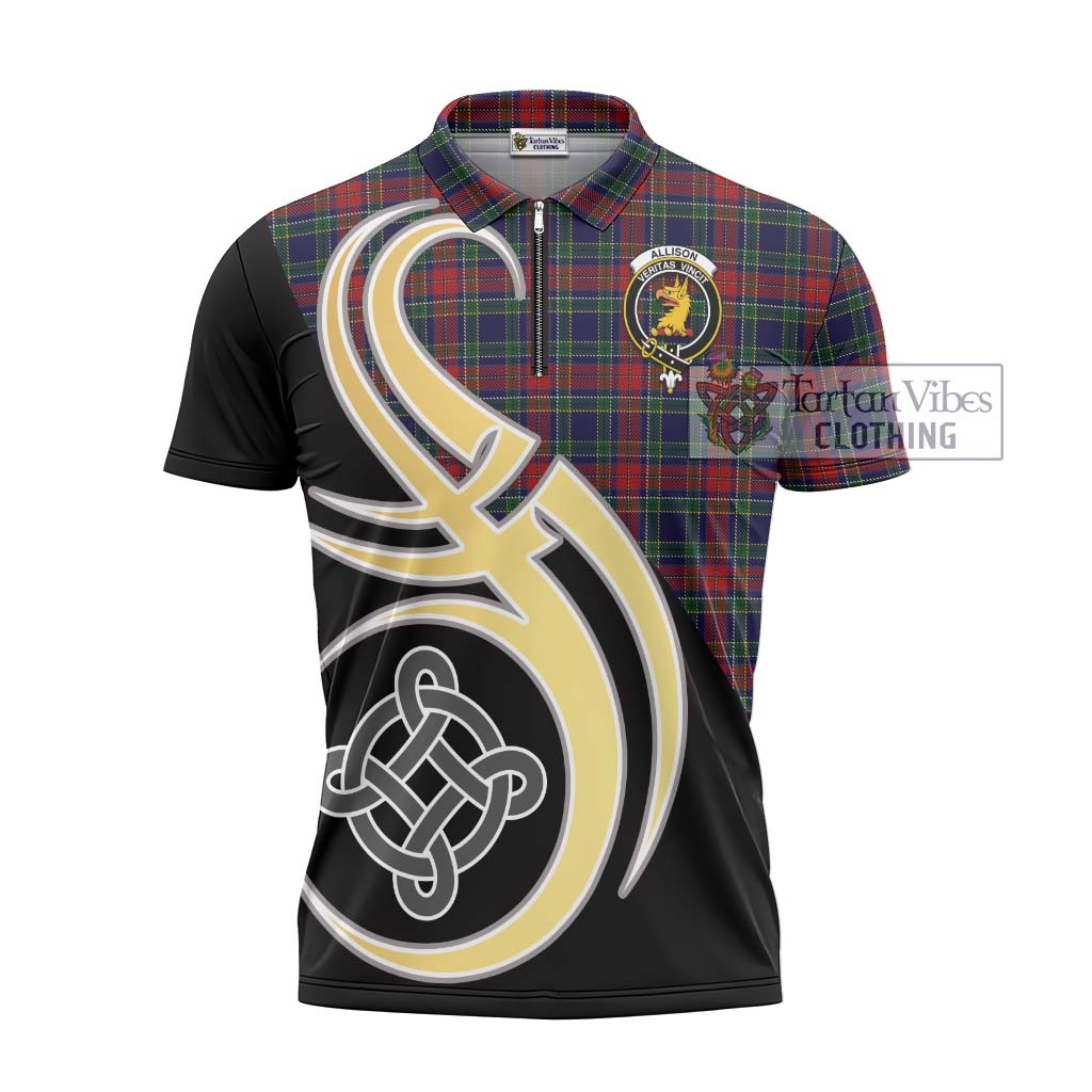 Tartan Vibes Clothing Allison Red Tartan Zipper Polo Shirt with Family Crest and Celtic Symbol Style