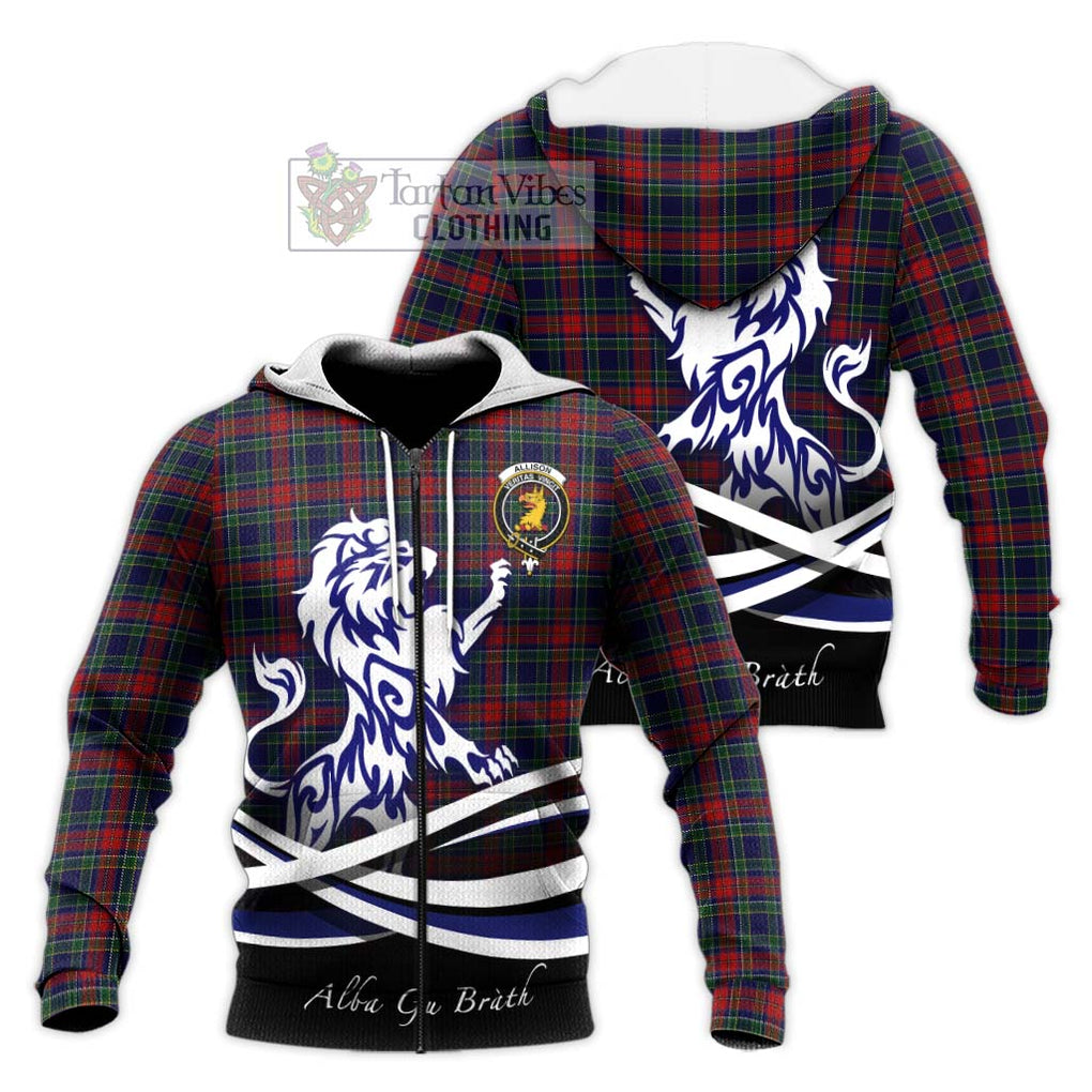 Allison Red Tartan Knitted Hoodie with Alba Gu Brath Regal Lion Emblem Unisex Knitted Zip Hoodie - Tartanvibesclothing Shop