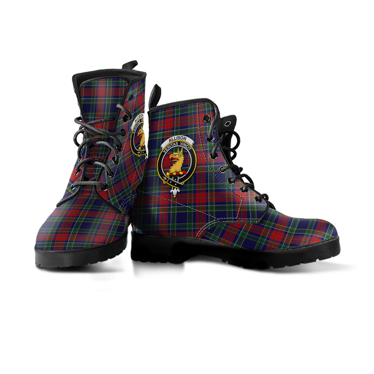 Allison Red Tartan Leather Boots with Family Crest - Tartanvibesclothing