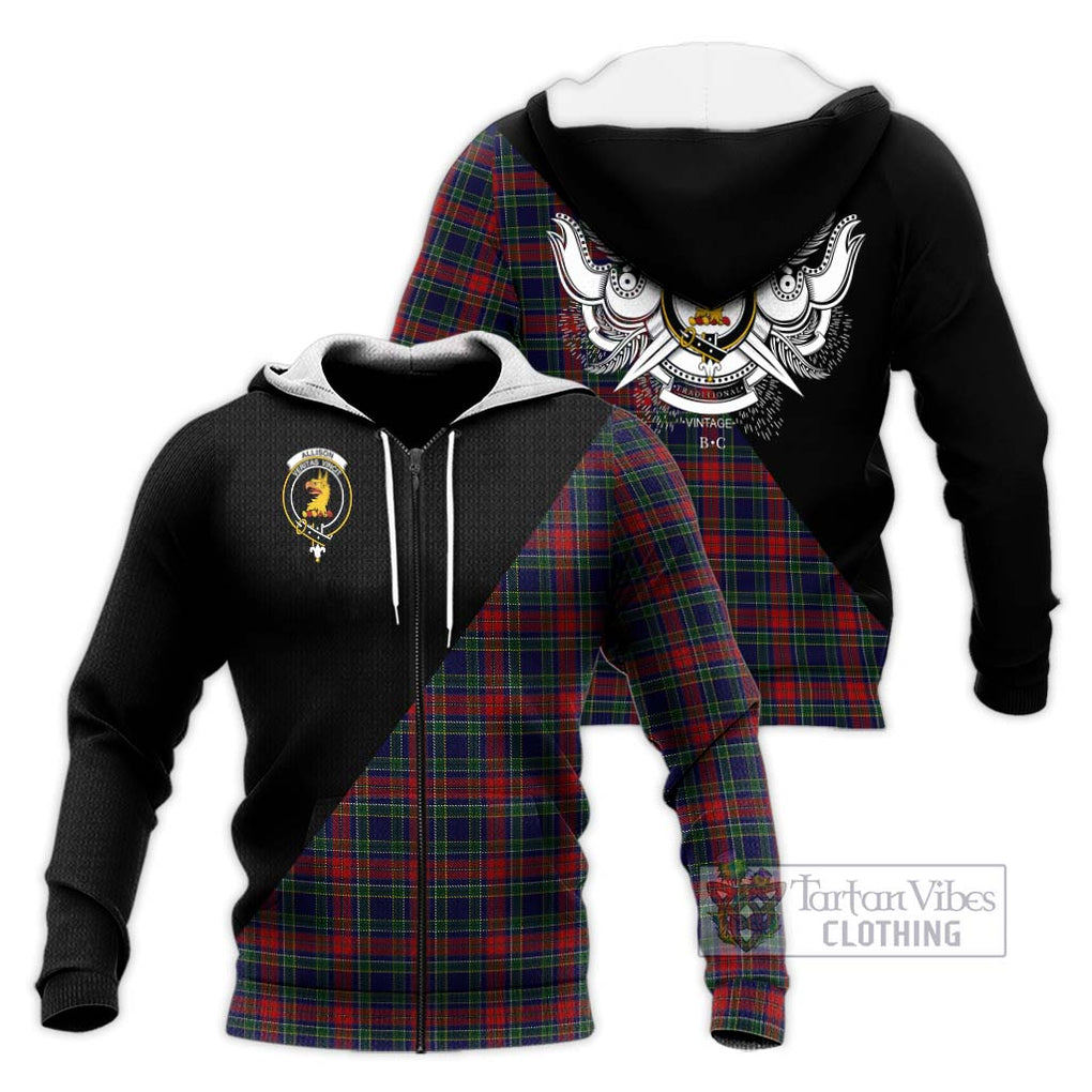 Allison Red Tartan Knitted Hoodie with Family Crest and Military Logo Style Unisex Knitted Zip Hoodie - Tartanvibesclothing Shop