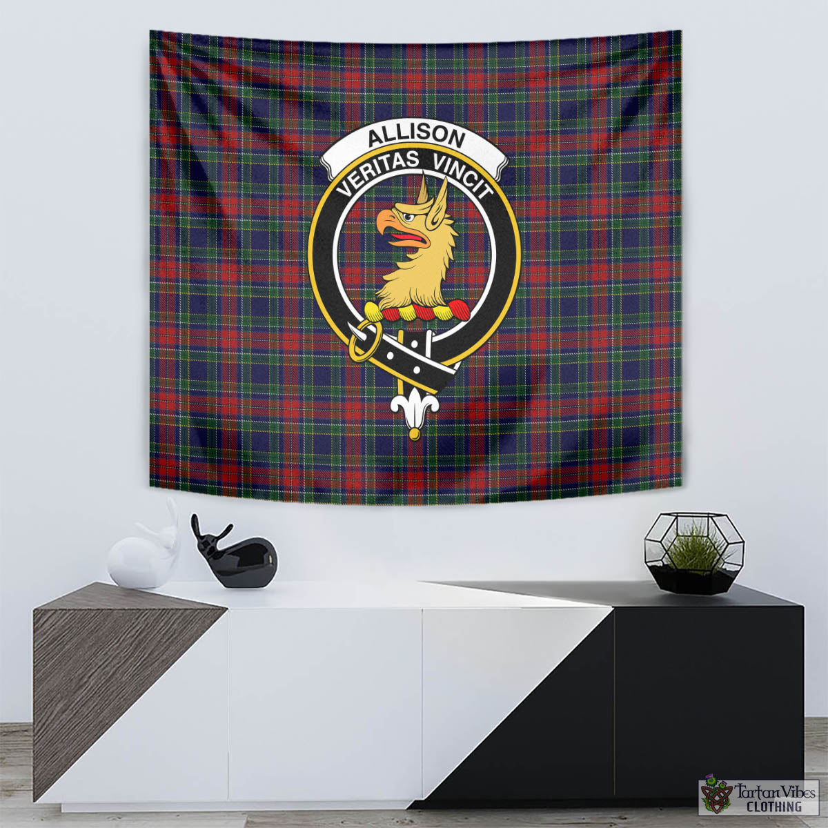 Tartan Vibes Clothing Allison Red Tartan Tapestry Wall Hanging and Home Decor for Room with Family Crest