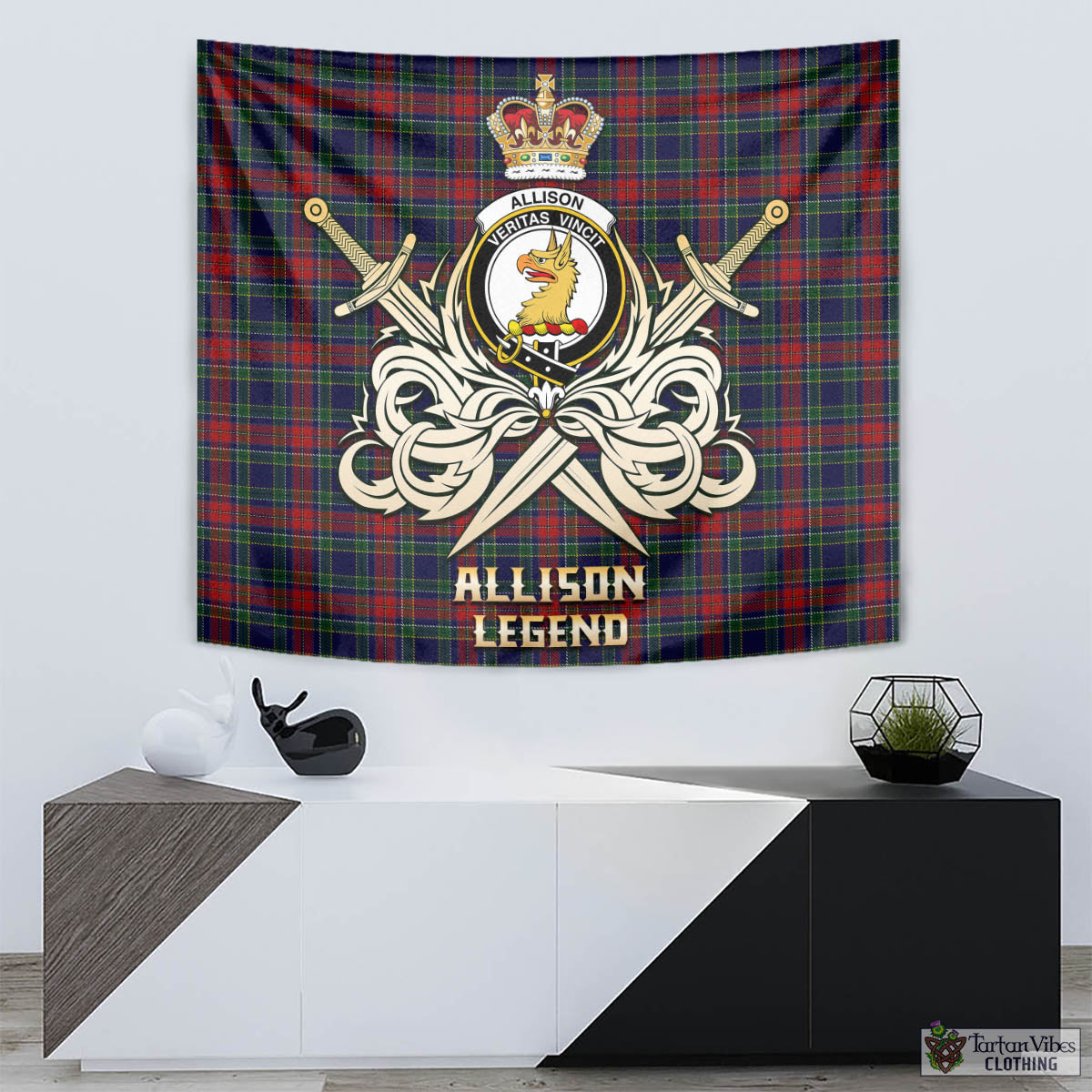 Tartan Vibes Clothing Allison Red Tartan Tapestry with Clan Crest and the Golden Sword of Courageous Legacy