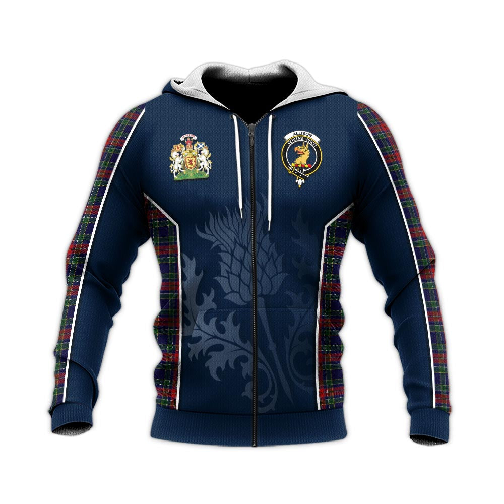 Tartan Vibes Clothing Allison Red Tartan Knitted Hoodie with Family Crest and Scottish Thistle Vibes Sport Style