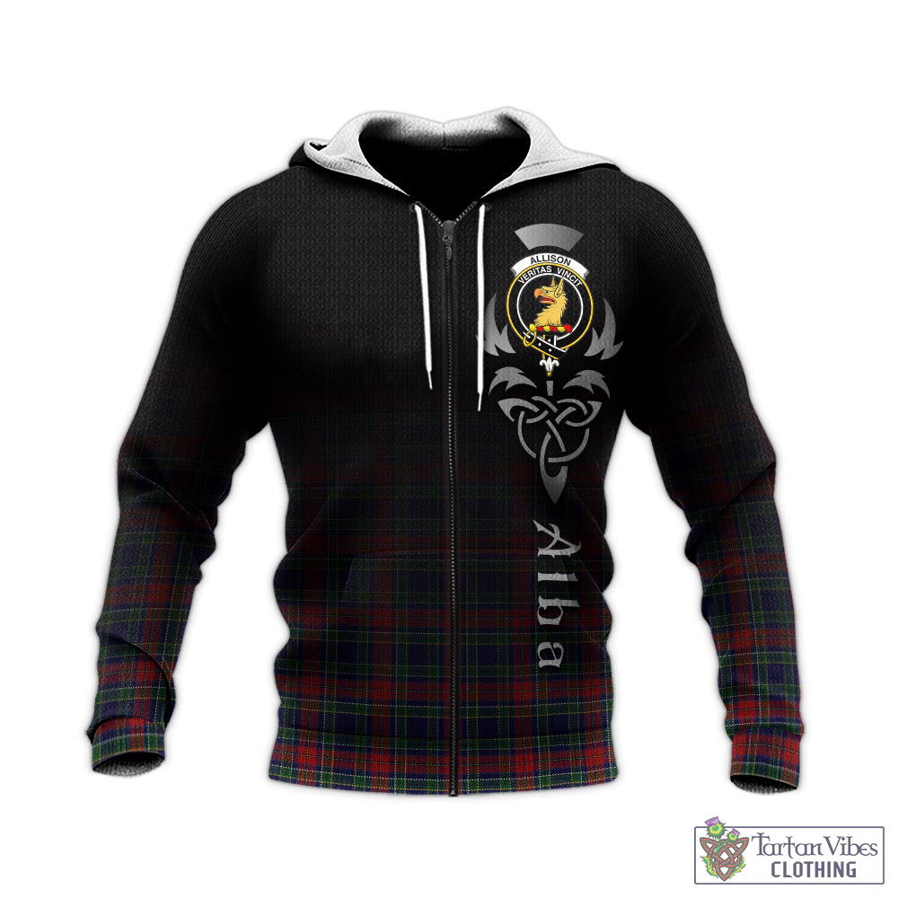 Tartan Vibes Clothing Allison Red Tartan Knitted Hoodie Featuring Alba Gu Brath Family Crest Celtic Inspired