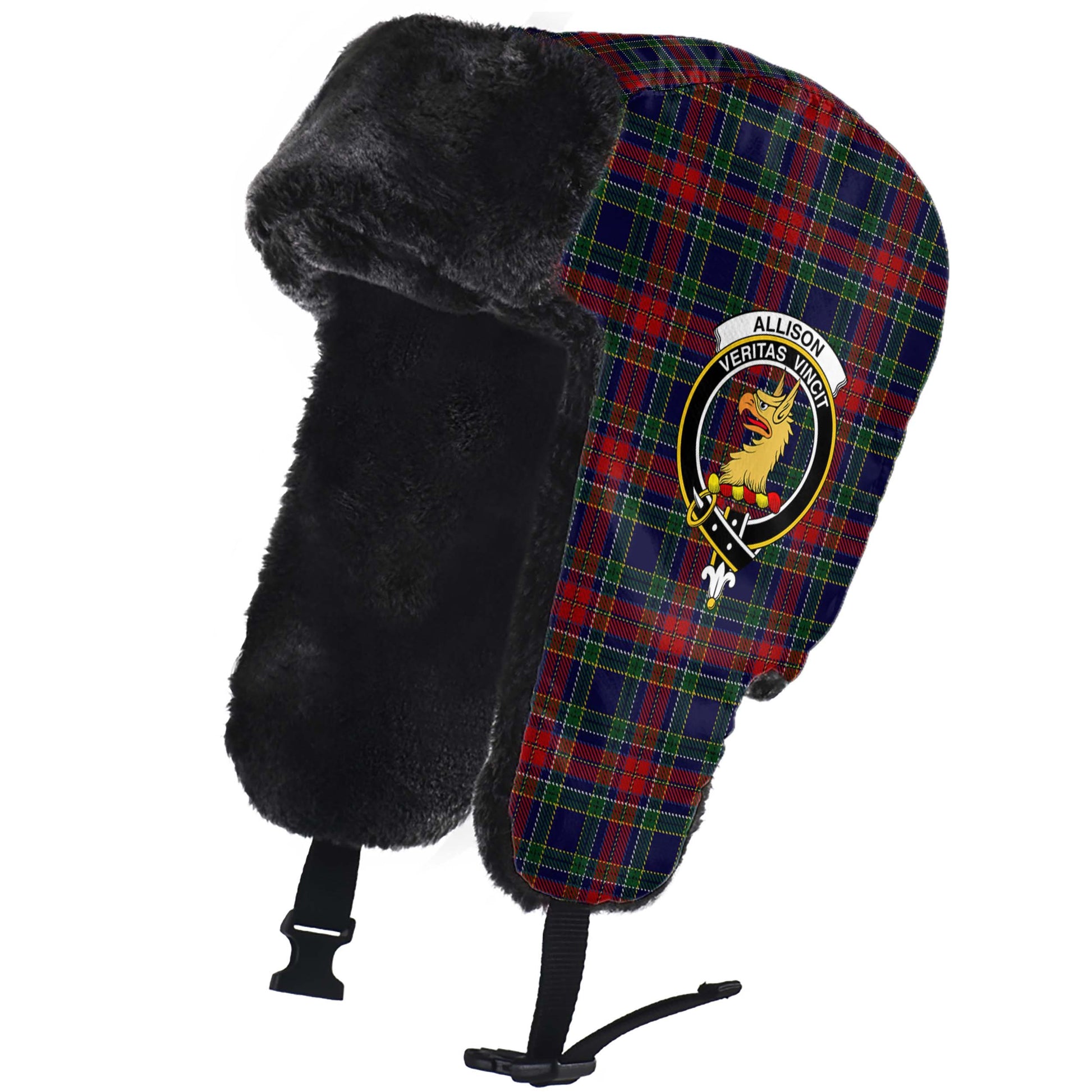 Allison Red Tartan Winter Trapper Hat with Family Crest - Tartanvibesclothing