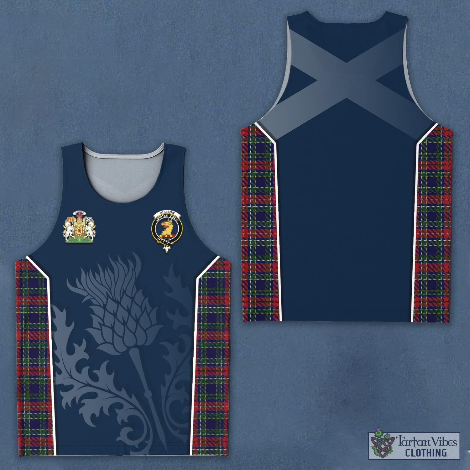 Tartan Vibes Clothing Allison Red Tartan Men's Tanks Top with Family Crest and Scottish Thistle Vibes Sport Style