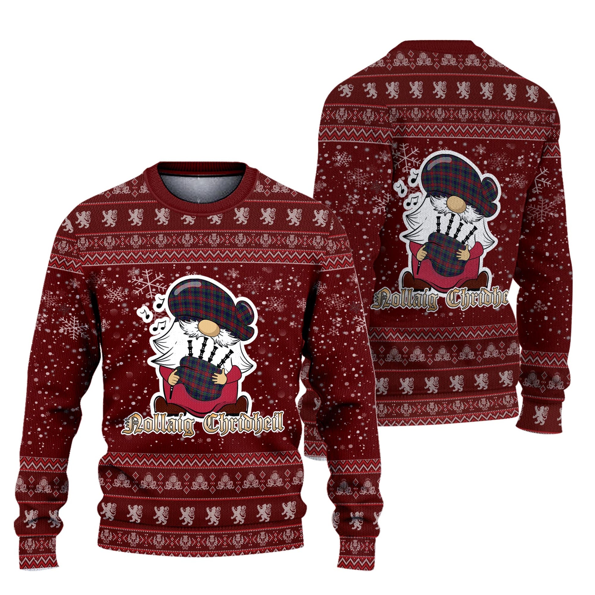 Allison Red Clan Christmas Family Knitted Sweater with Funny Gnome Playing Bagpipes Unisex Red - Tartanvibesclothing