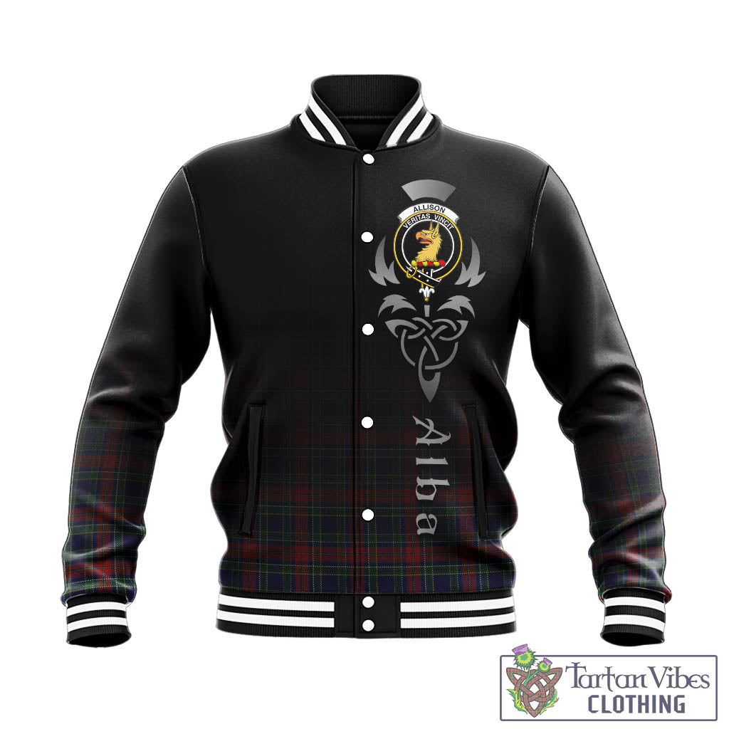 Tartan Vibes Clothing Allison Red Tartan Baseball Jacket Featuring Alba Gu Brath Family Crest Celtic Inspired