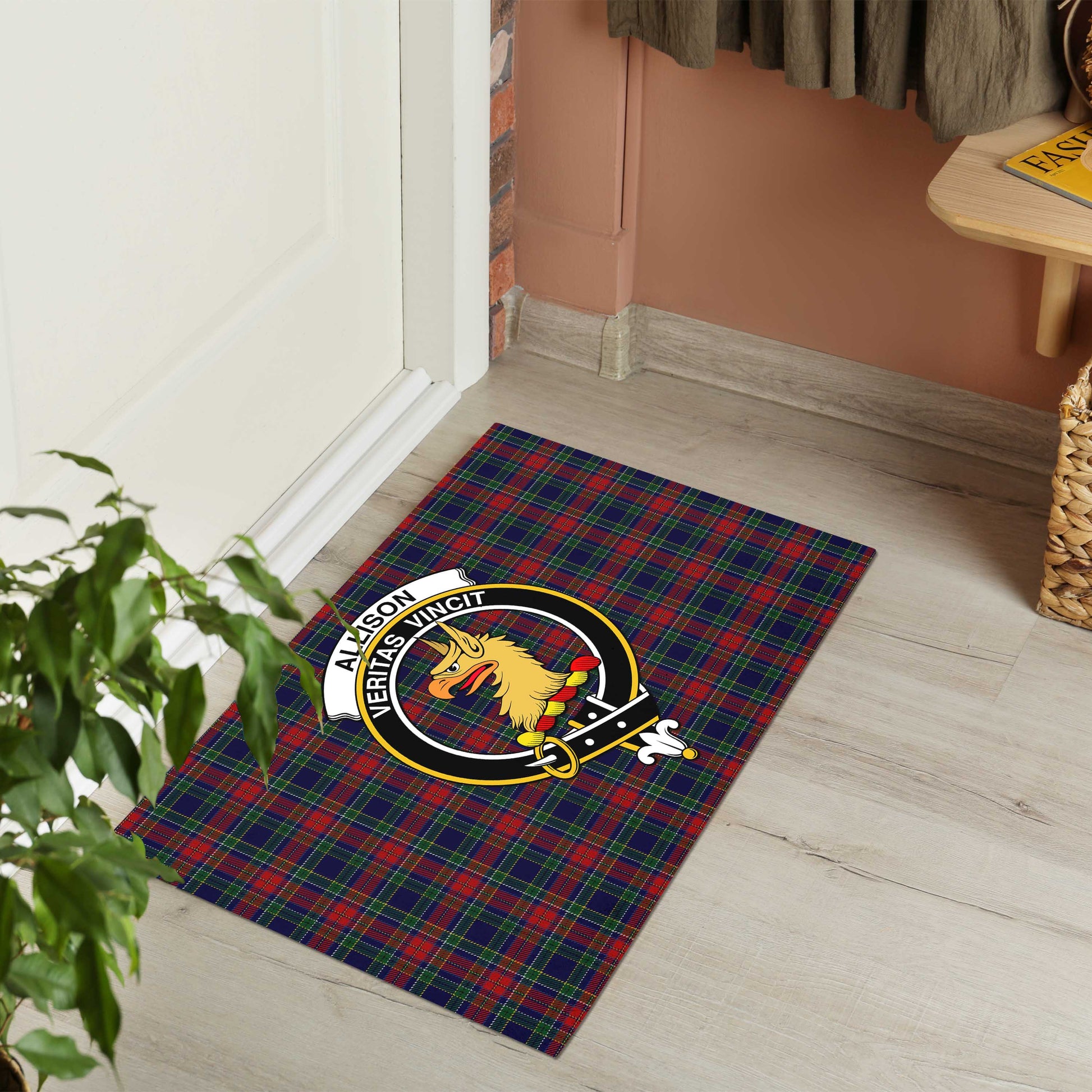 Allison Red Tartan Door Mat with Family Crest - Tartanvibesclothing