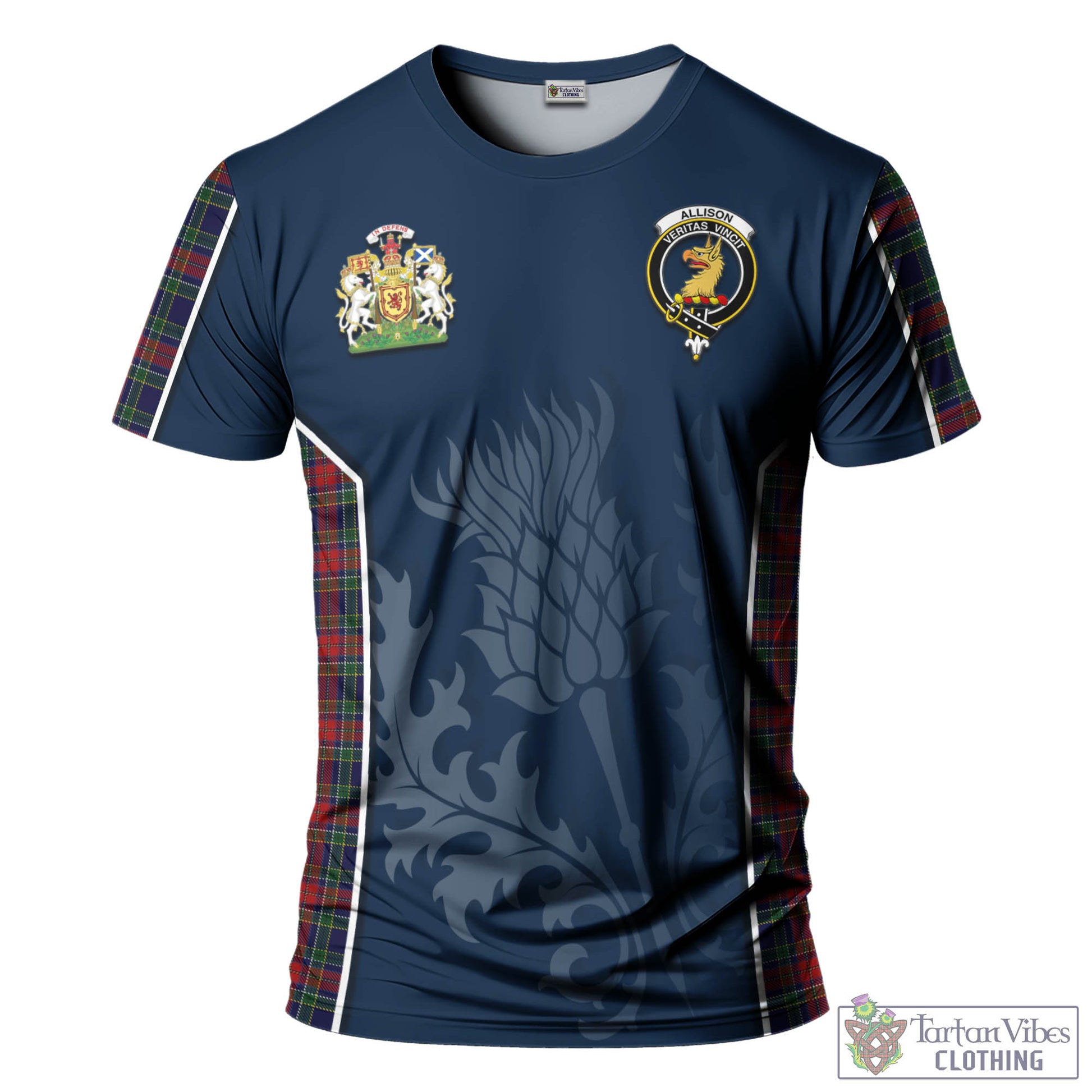 Tartan Vibes Clothing Allison Red Tartan T-Shirt with Family Crest and Scottish Thistle Vibes Sport Style