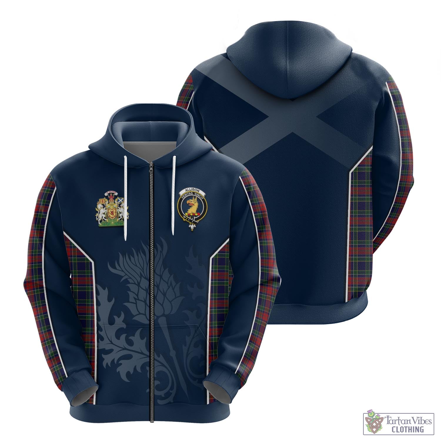 Tartan Vibes Clothing Allison Red Tartan Hoodie with Family Crest and Scottish Thistle Vibes Sport Style