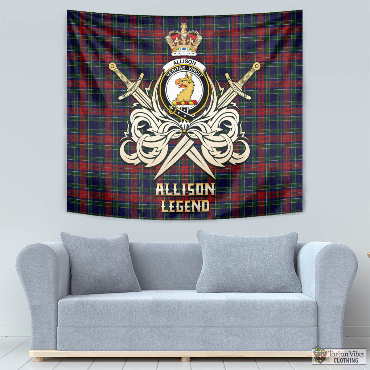 Tartan Vibes Clothing Allison Red Tartan Tapestry with Clan Crest and the Golden Sword of Courageous Legacy