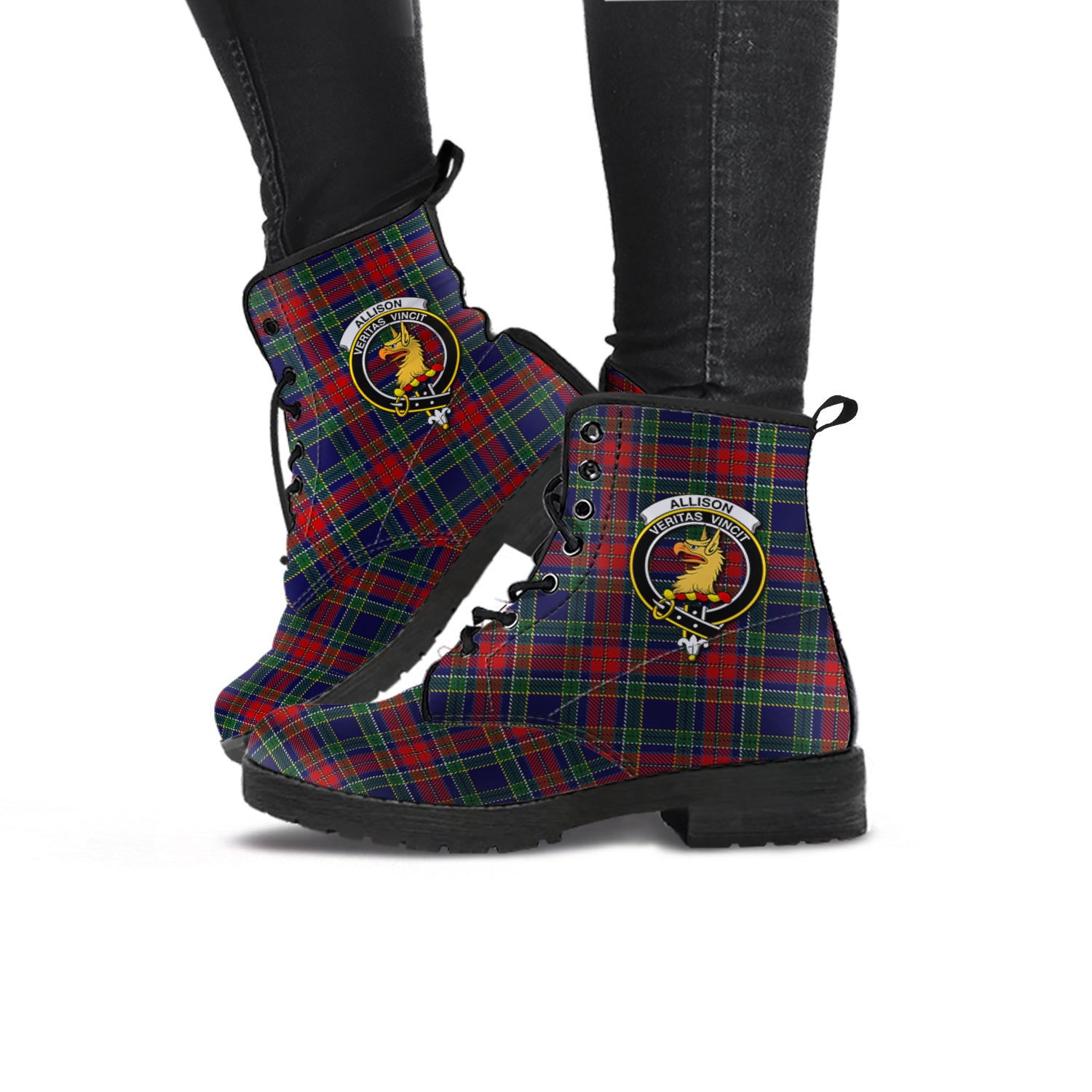 Allison Red Tartan Leather Boots with Family Crest - Tartanvibesclothing