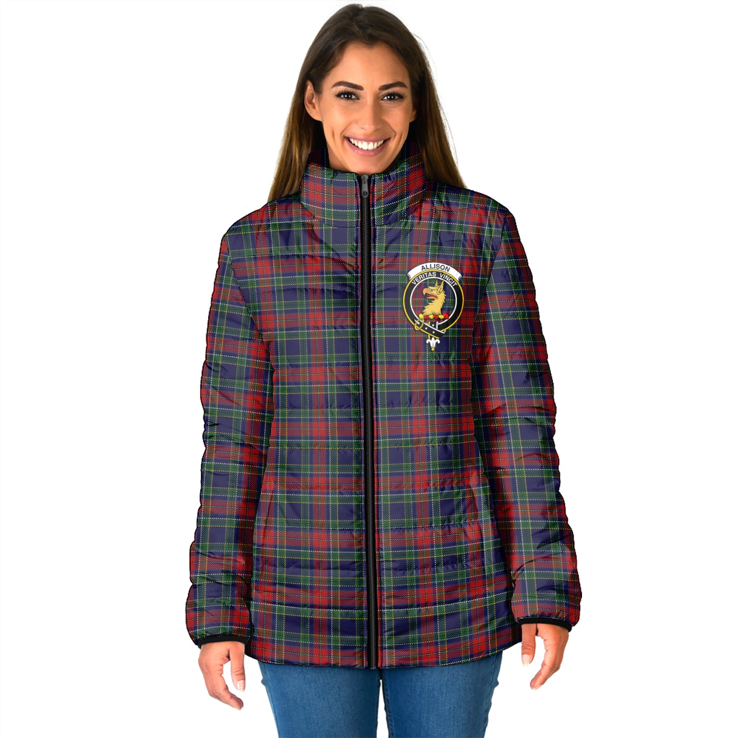Allison Red Tartan Padded Jacket with Family Crest - Tartanvibesclothing