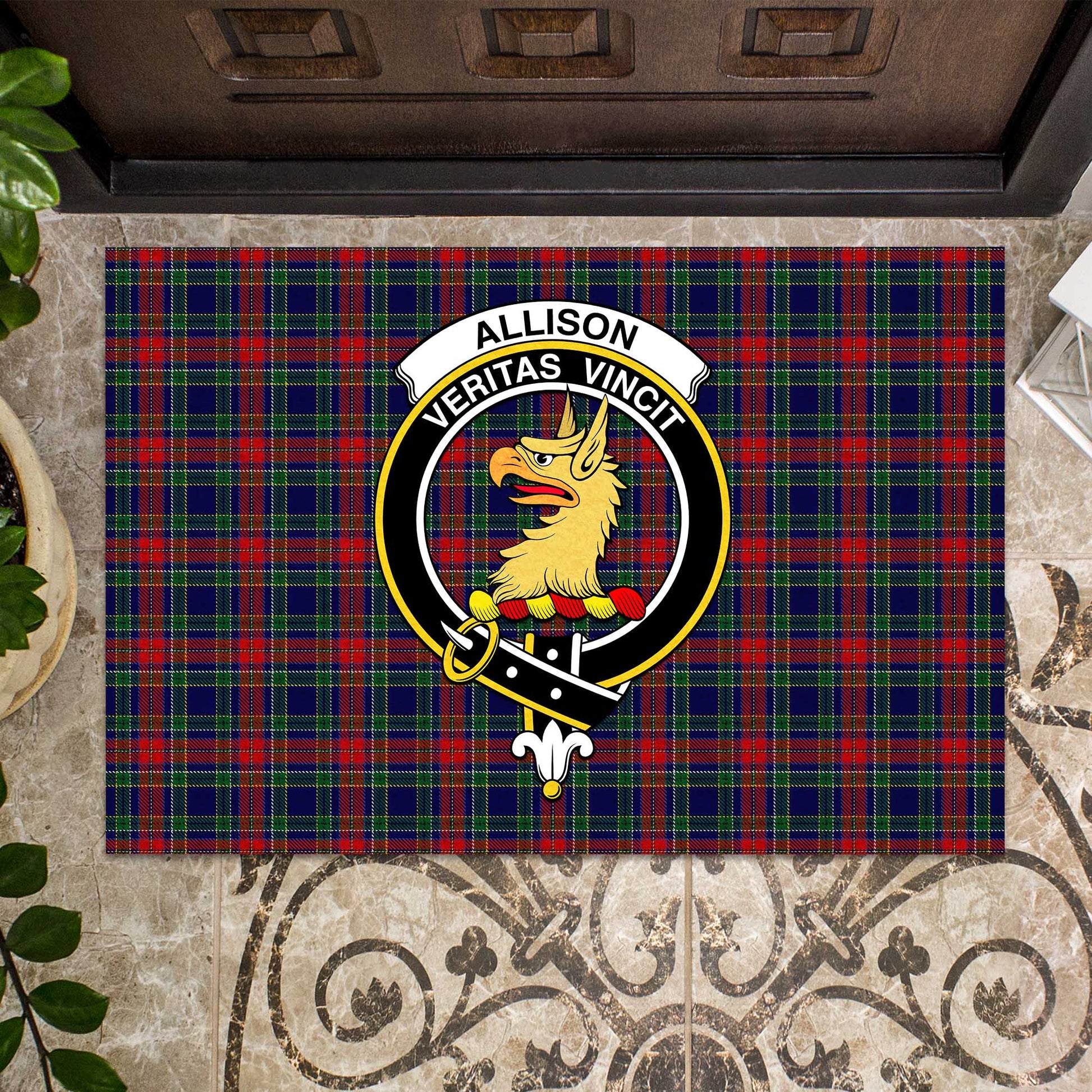 Allison Red Tartan Door Mat with Family Crest - Tartanvibesclothing