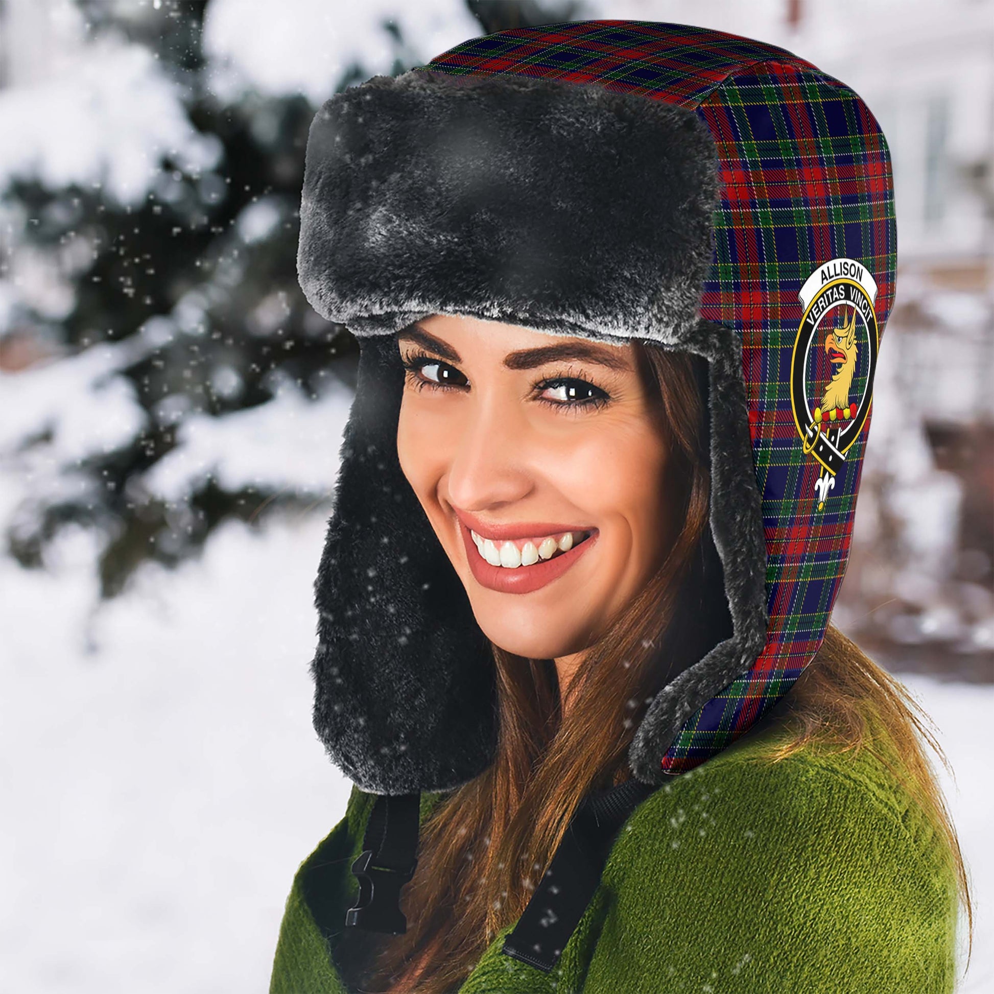 Allison Red Tartan Winter Trapper Hat with Family Crest - Tartanvibesclothing