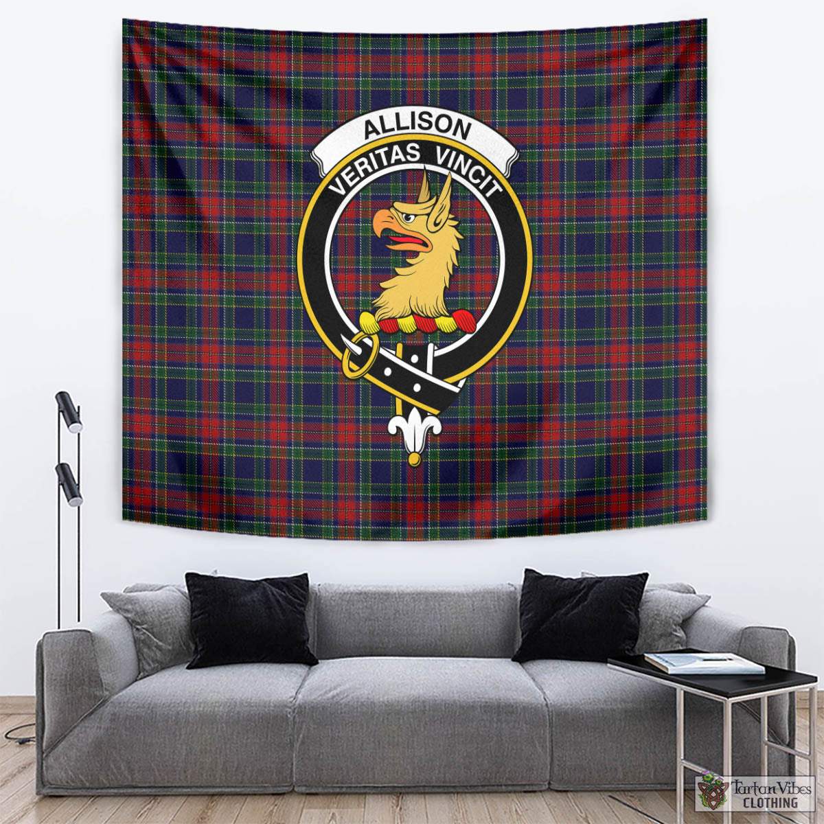 Tartan Vibes Clothing Allison Red Tartan Tapestry Wall Hanging and Home Decor for Room with Family Crest