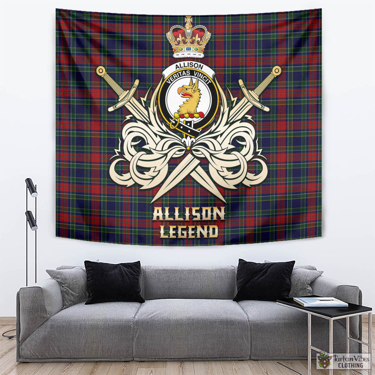 Tartan Vibes Clothing Allison Red Tartan Tapestry with Clan Crest and the Golden Sword of Courageous Legacy