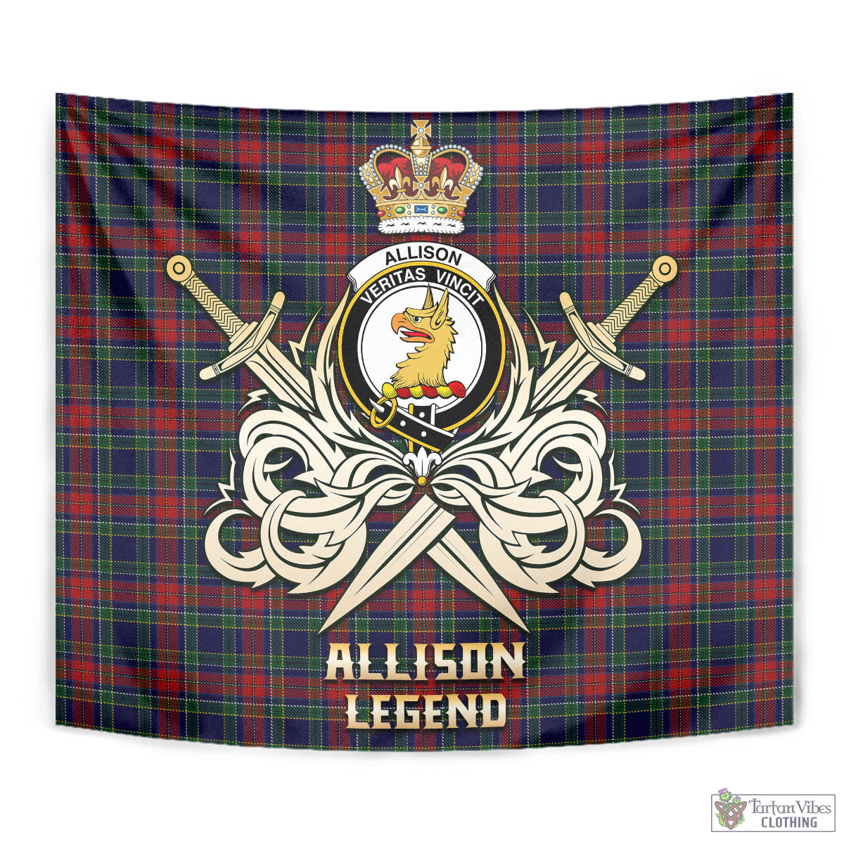 Tartan Vibes Clothing Allison Red Tartan Tapestry with Clan Crest and the Golden Sword of Courageous Legacy