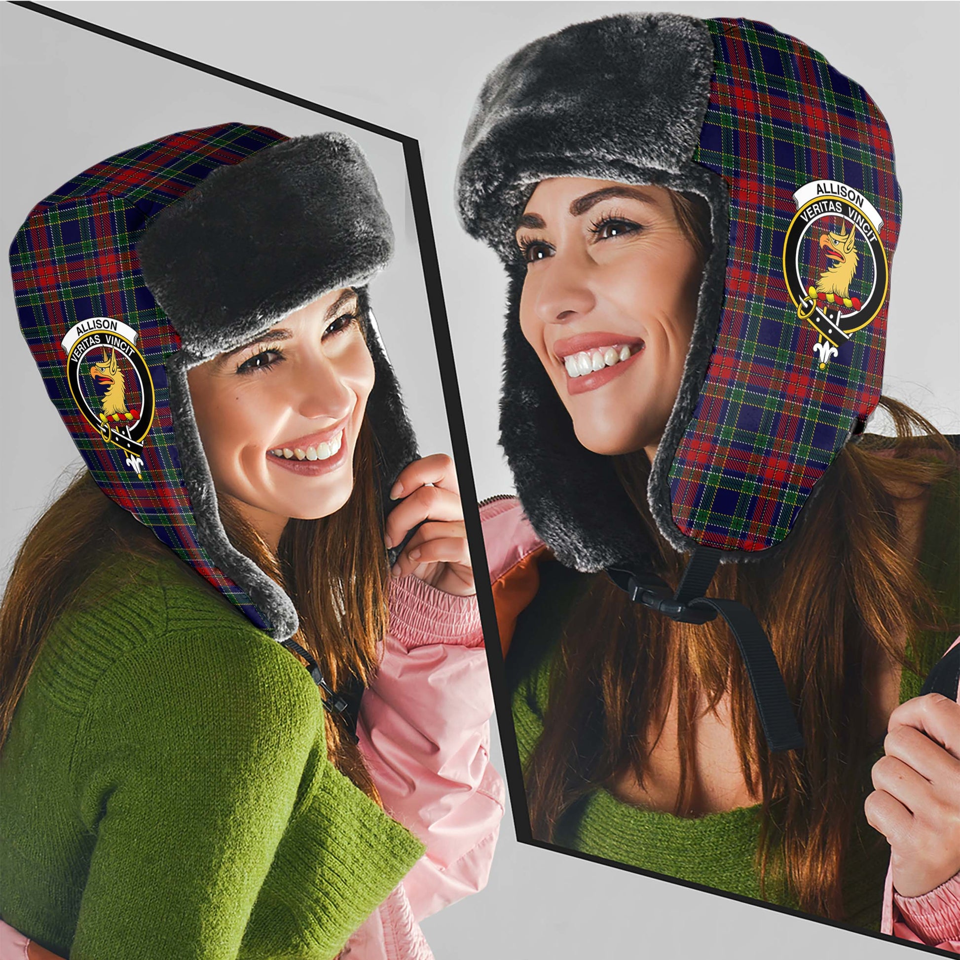 Allison Red Tartan Winter Trapper Hat with Family Crest - Tartanvibesclothing