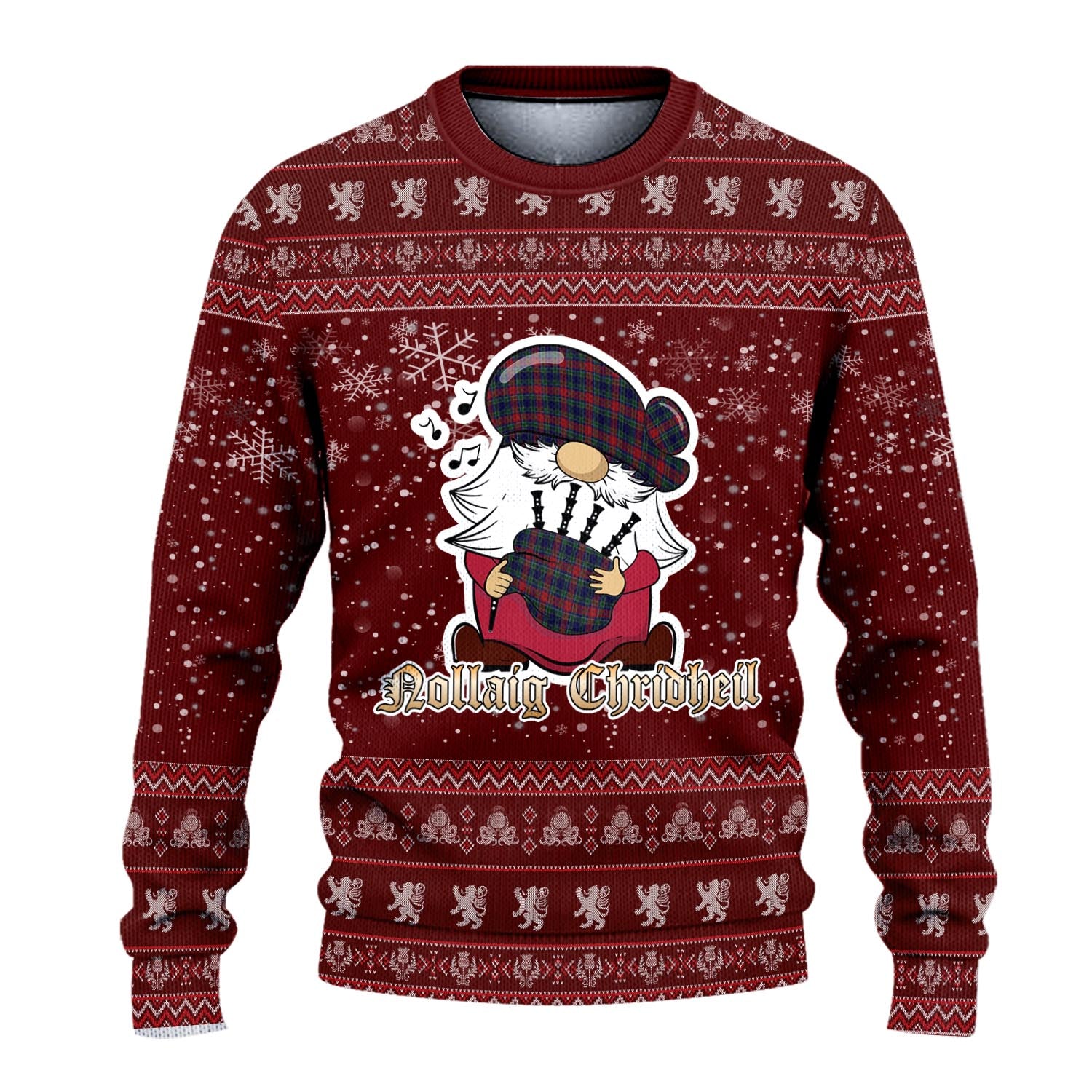 Allison Red Clan Christmas Family Knitted Sweater with Funny Gnome Playing Bagpipes - Tartanvibesclothing