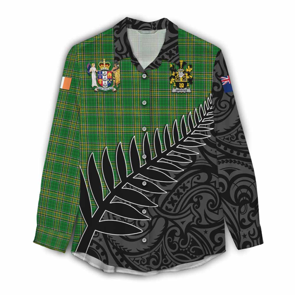 Tartan Vibes Clothing Ambrose Irish Clan Tartan Women's Casual Shirt with Coat of Arms New Zealand Silver Fern Half Style