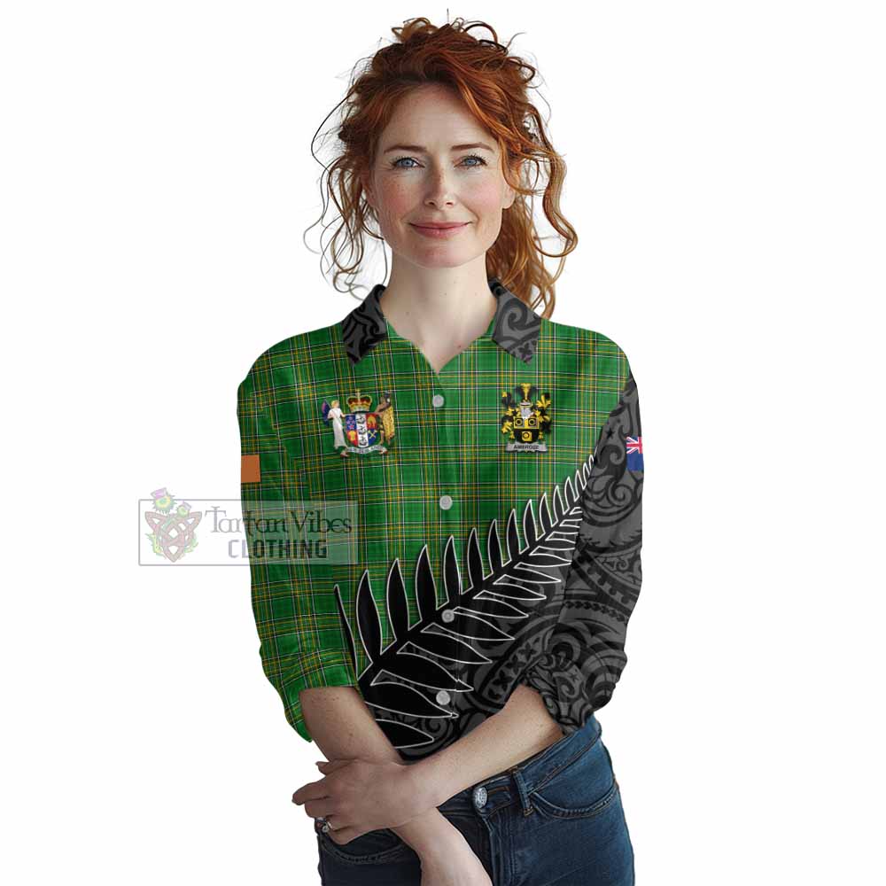 Tartan Vibes Clothing Ambrose Irish Clan Tartan Women's Casual Shirt with Coat of Arms New Zealand Silver Fern Half Style