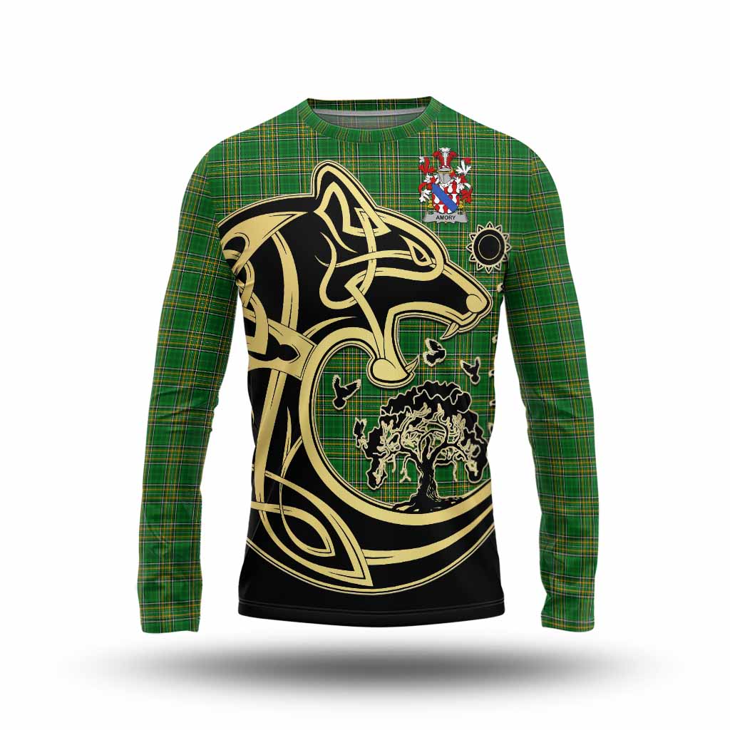 Tartan Vibes Clothing Amory Irish Tartan Long Sleeve T-Shirt with Coat of Arms Celtic Wolf Style