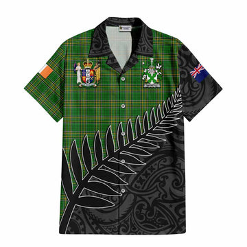 Ancketill Irish Clan Tartan Short Sleeve Button Shirt with Coat of Arms New Zealand Silver Fern Half Style