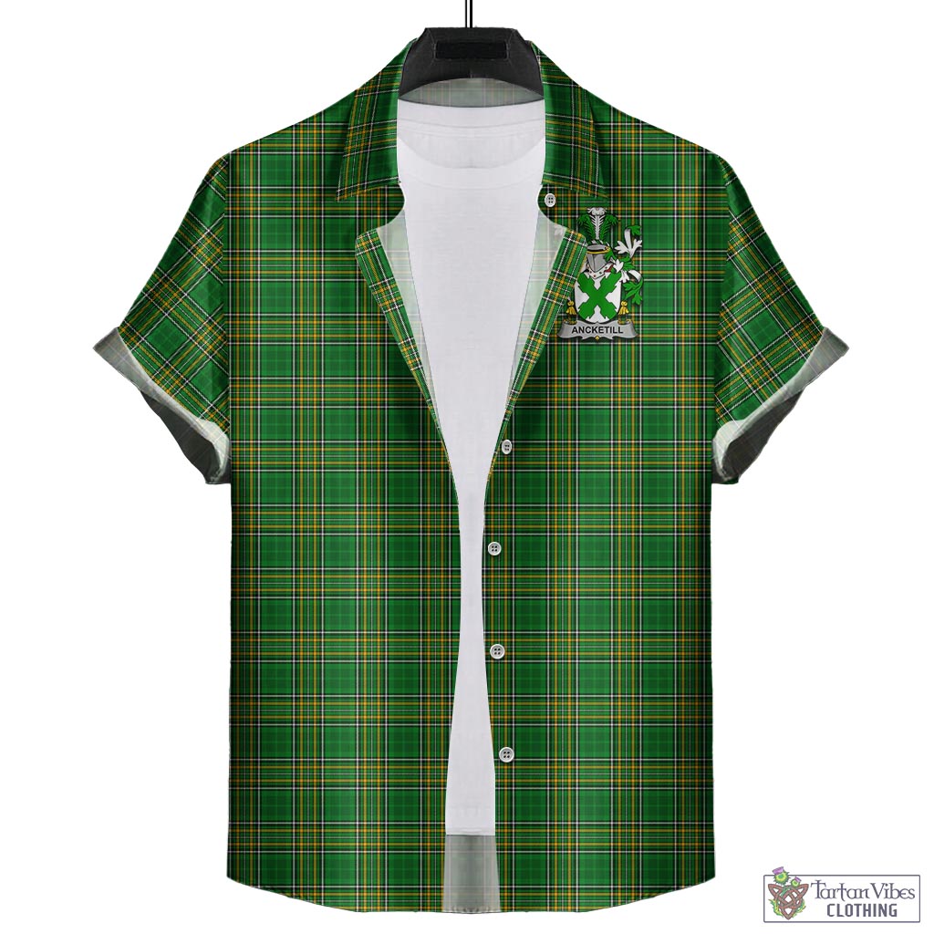 Tartan Vibes Clothing Ancketill Ireland Clan Tartan Short Sleeve Button Up with Coat of Arms