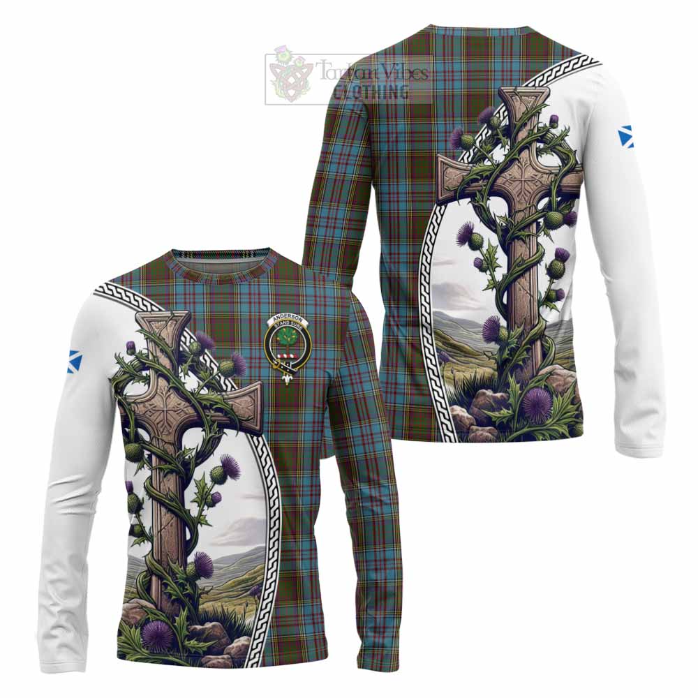 Tartan Vibes Clothing Anderson Tartan Long Sleeve T-Shirt with Family Crest and St. Andrew's Cross Accented by Thistle Vines