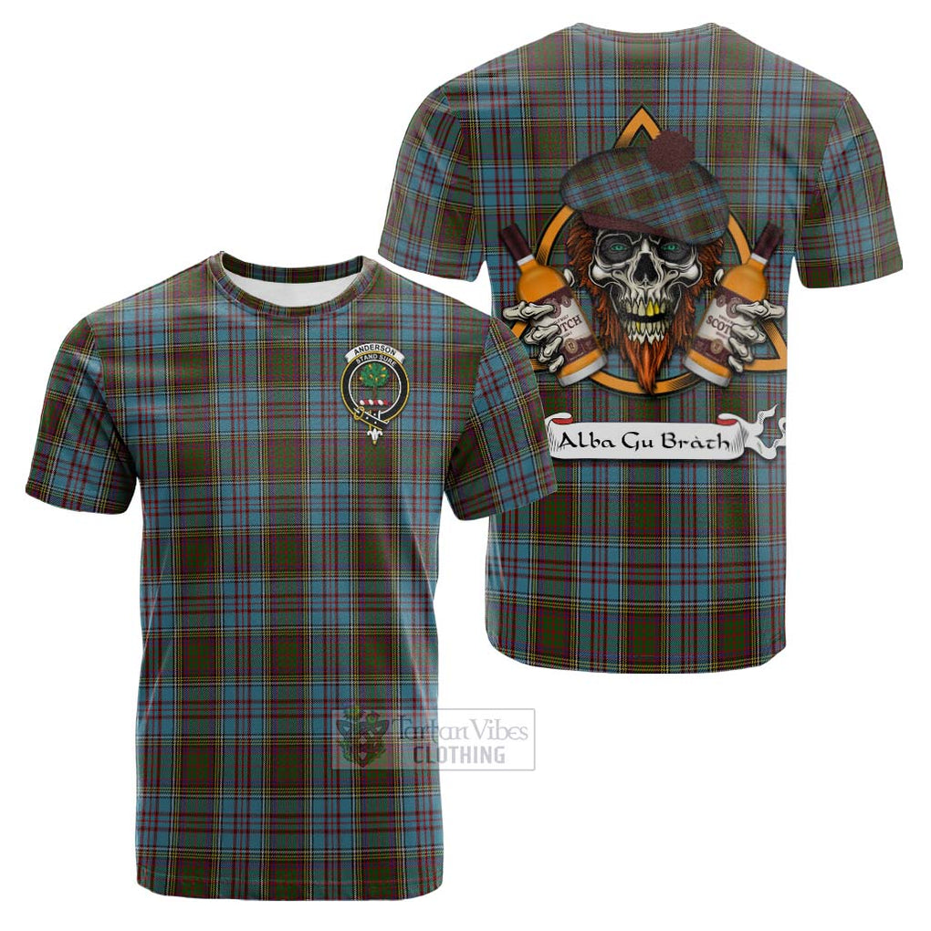 Tartan Vibes Clothing Anderson Tartan Cotton T-shirt with Family Crest and Bearded Skull Holding Bottles of Whiskey