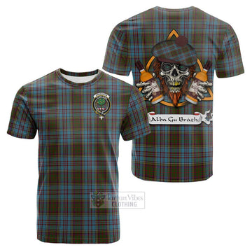 Anderson Tartan Cotton T-shirt with Family Crest and Bearded Skull Holding Bottles of Whiskey