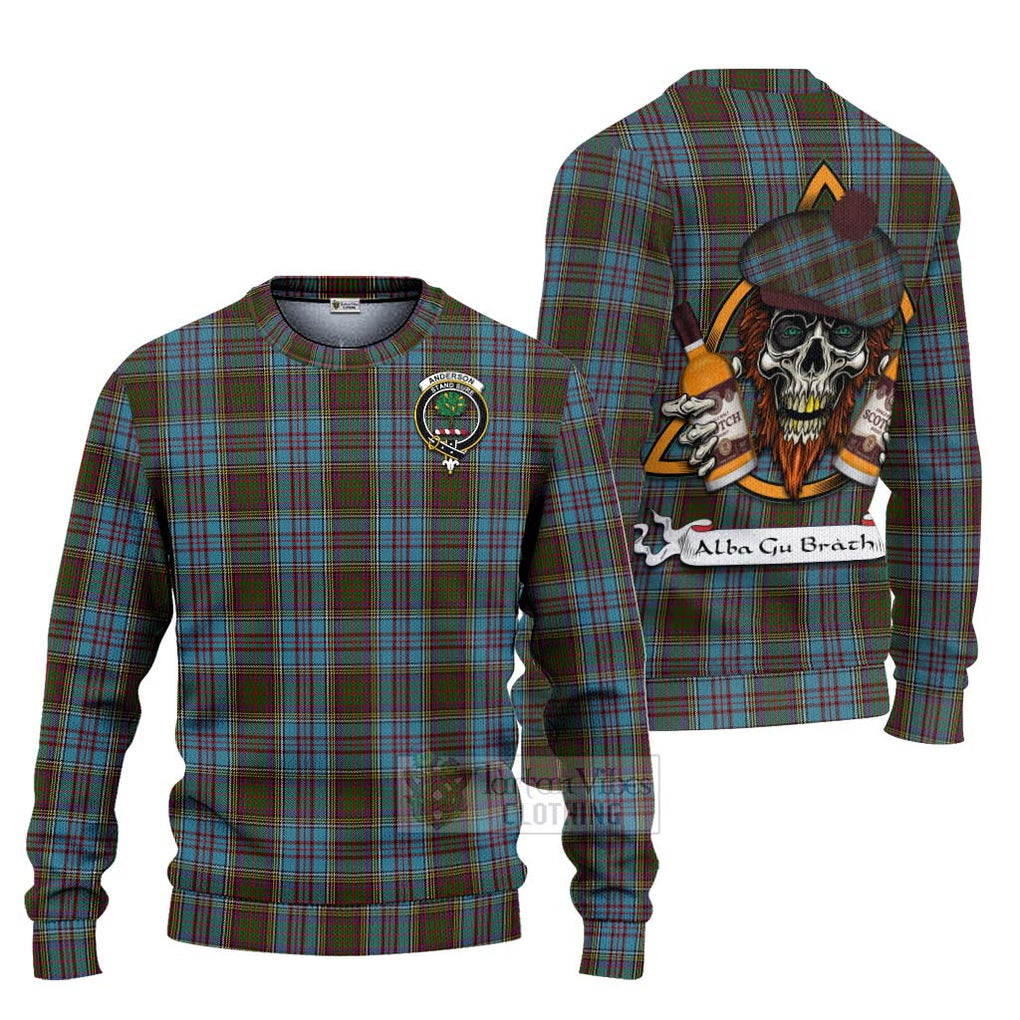 Tartan Vibes Clothing Anderson Tartan Knitted Sweater with Family Crest and Bearded Skull Holding Bottles of Whiskey