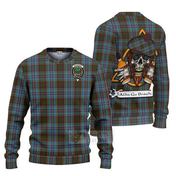 Anderson Tartan Ugly Sweater with Family Crest and Bearded Skull Holding Bottles of Whiskey