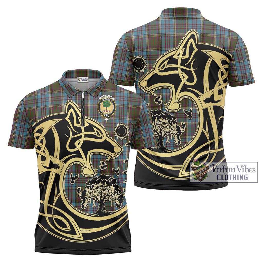 Anderson Tartan Zipper Polo Shirt with Family Crest Celtic Wolf Style Unisex - Tartanvibesclothing Shop