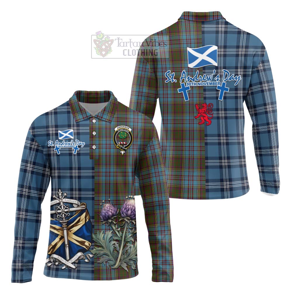 Tartan Vibes Clothing Anderson Tartan Long Sleeve Polo Shirt Happy St. Andrew's Day Half Tartan Style