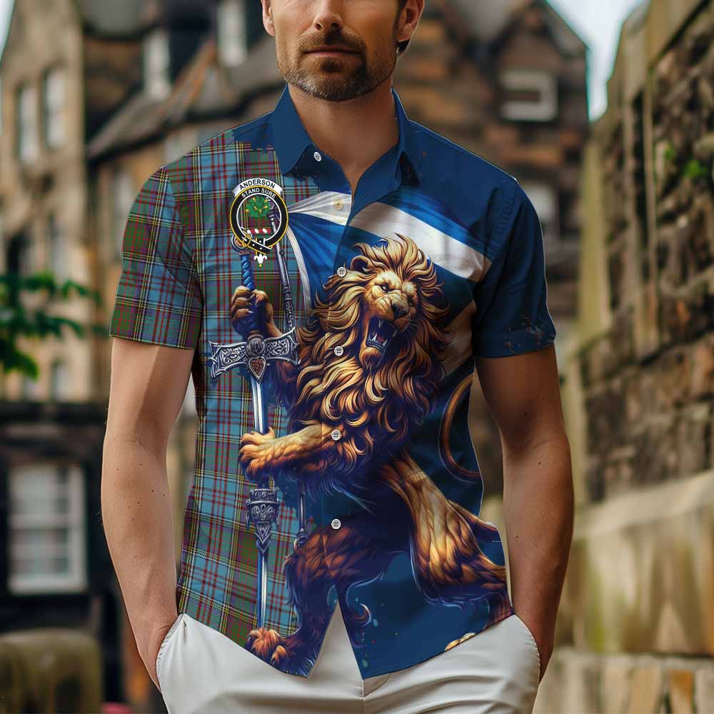 Tartan Vibes Clothing Anderson Tartan Family Crest Short Sleeve Button Shirt with Scottish Majestic Lion