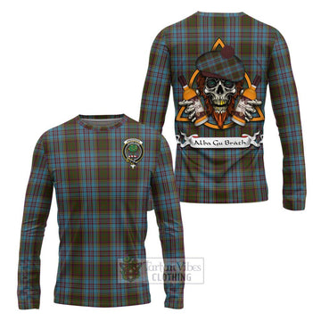 Anderson Tartan Long Sleeve T-Shirt with Family Crest and Bearded Skull Holding Bottles of Whiskey