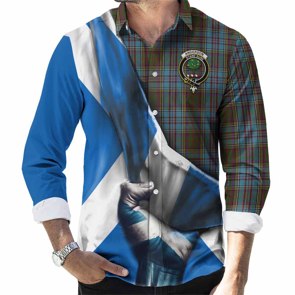 Tartan Vibes Clothing Anderson Tartan Long Sleeve Button Shirt with Family Crest Scotland Patriotic Style