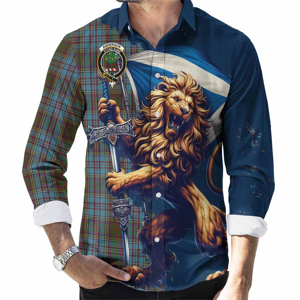 Tartan Vibes Clothing Anderson Tartan Family Crest Long Sleeve Button Shirt with Scottish Majestic Lion