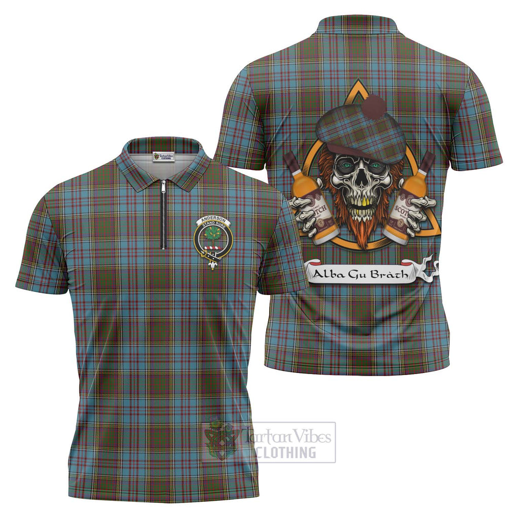 Tartan Vibes Clothing Anderson Tartan Zipper Polo Shirt with Family Crest and Bearded Skull Holding Bottles of Whiskey