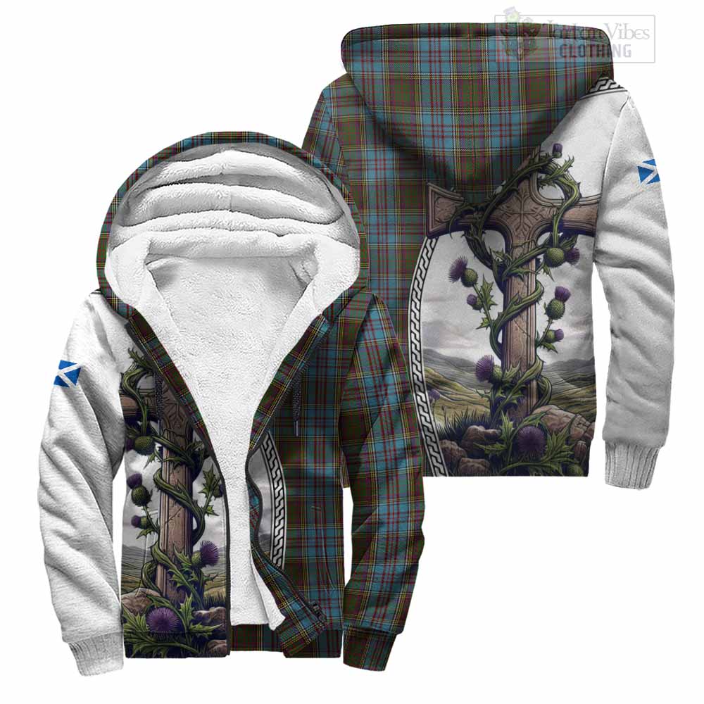 Tartan Vibes Clothing Anderson Tartan Sherpa Hoodie with Family Crest and St. Andrew's Cross Accented by Thistle Vines