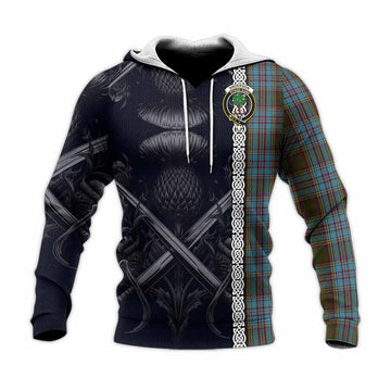 Anderson Tartan Knitted Hoodie with Family Crest Cross Sword Thistle Celtic Vibes