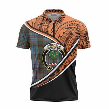 Anderson Crest Tartan Zipper Polo Shirt with Polynesian Vibes Style - Orange Version