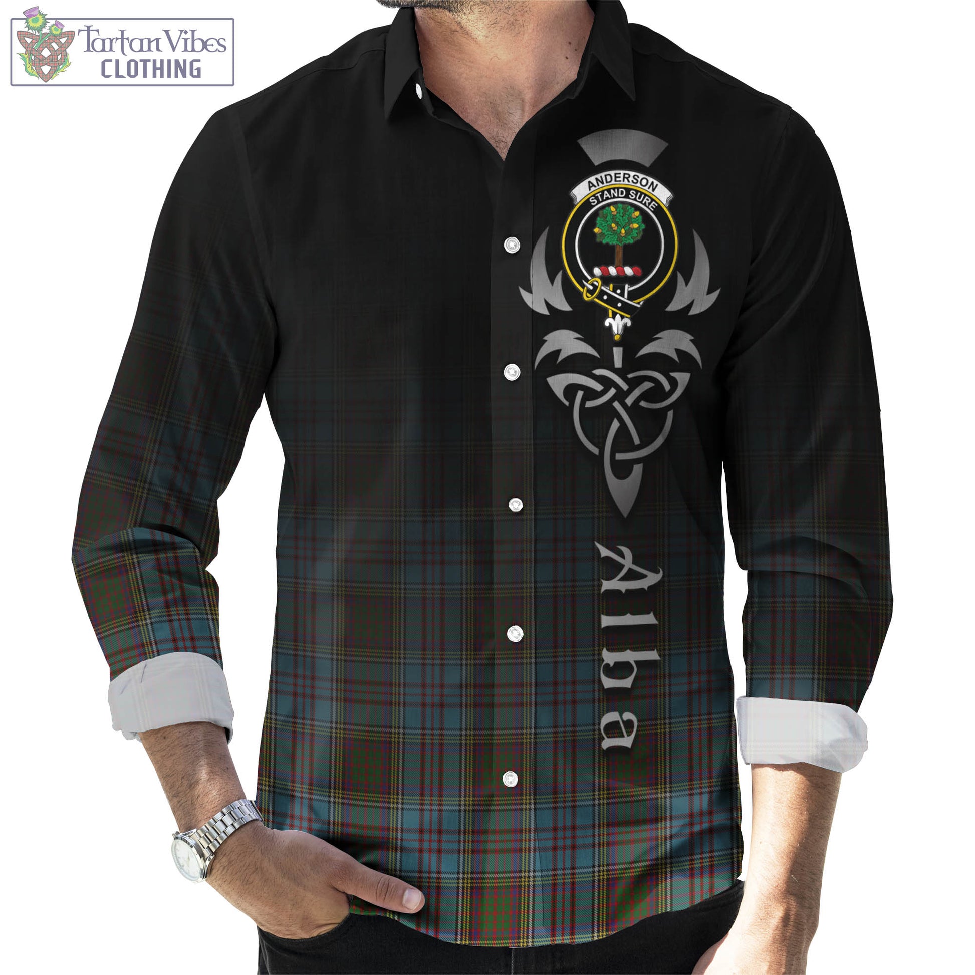 Tartan Vibes Clothing Anderson Tartan Long Sleeve Button Up Featuring Alba Gu Brath Family Crest Celtic Inspired