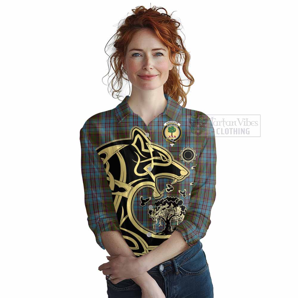 Tartan Vibes Clothing Anderson Tartan Women's Casual Shirt with Family Crest Celtic Wolf Style