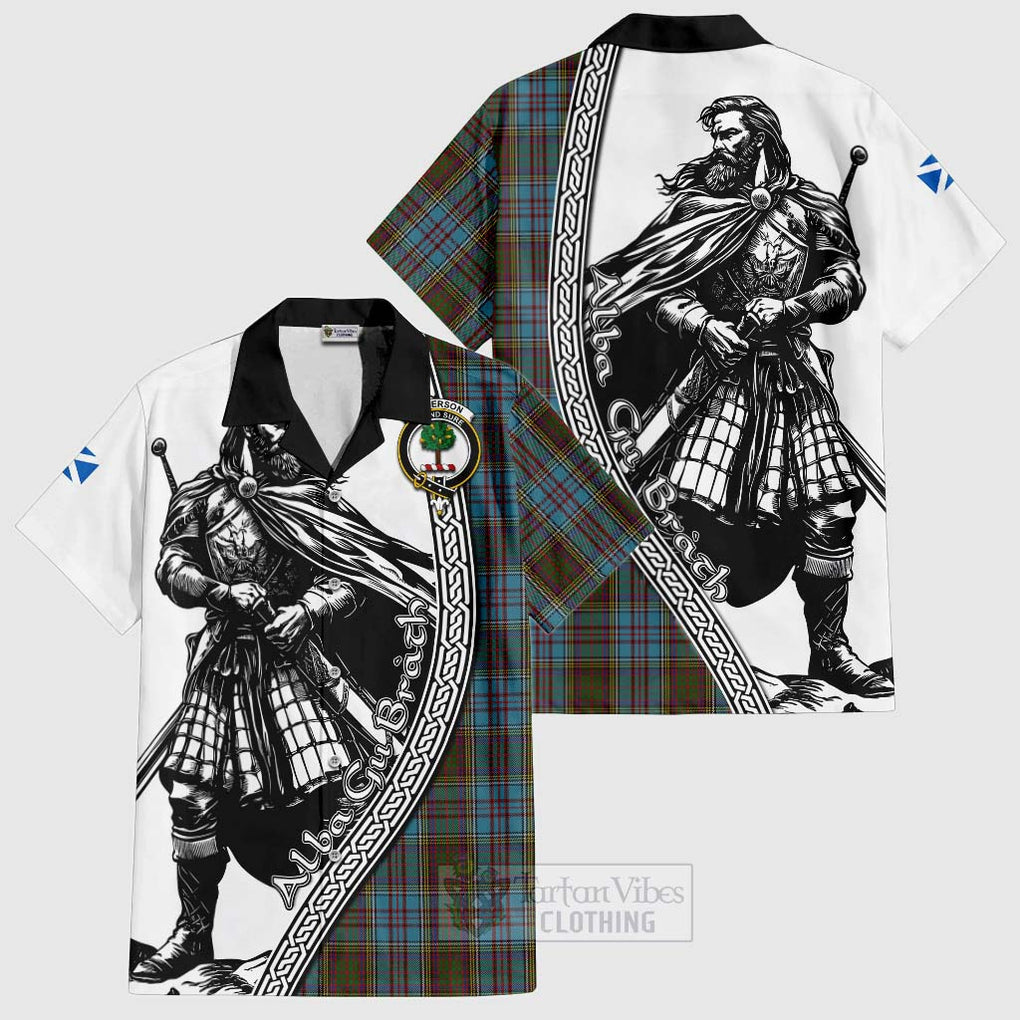 Tartan Vibes Clothing Anderson Tartan Clan Crest Short Sleeve Button Shirt with Highlander Warrior Celtic Style