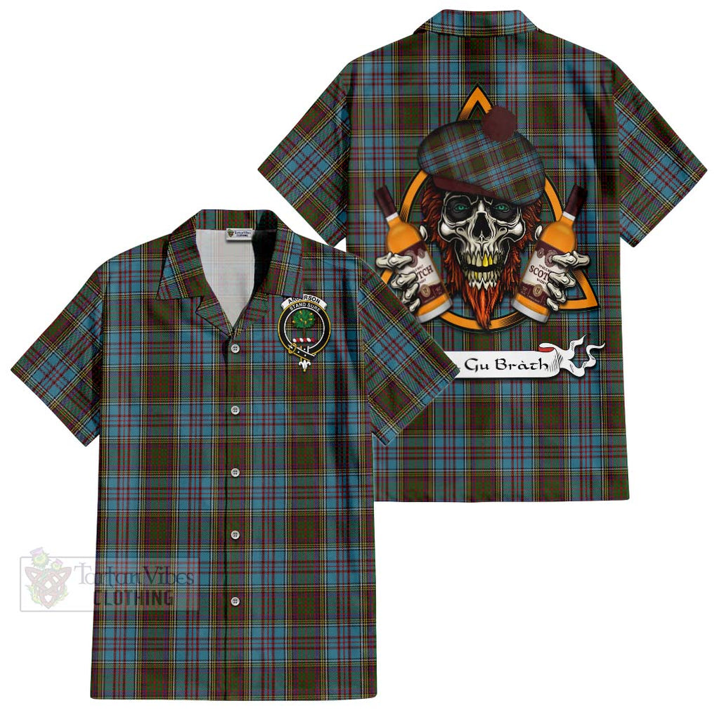 Tartan Vibes Clothing Anderson Tartan Short Sleeve Button Shirt with Family Crest and Bearded Skull Holding Bottles of Whiskey