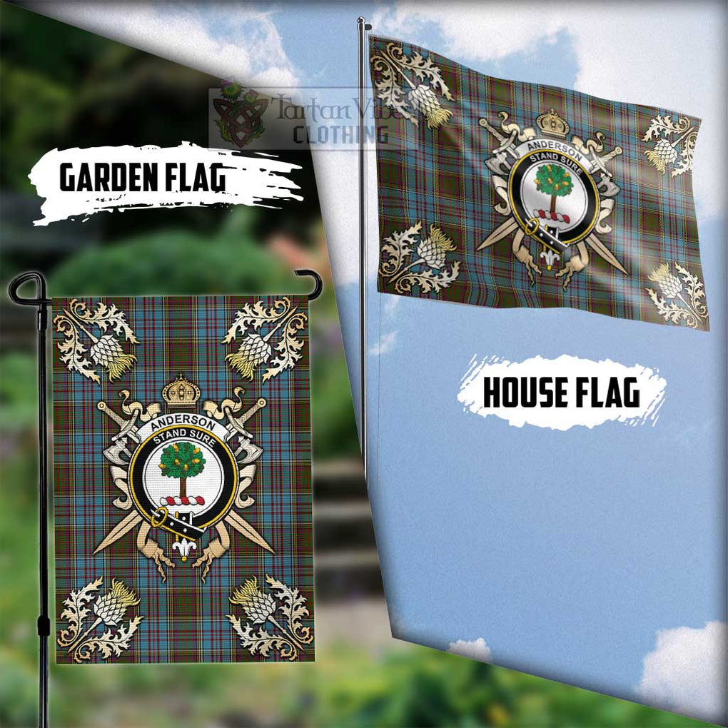 Tartan Vibes Clothing Anderson Tartan Flag with Family Crest and Golden Thistle Crossed Sword Design